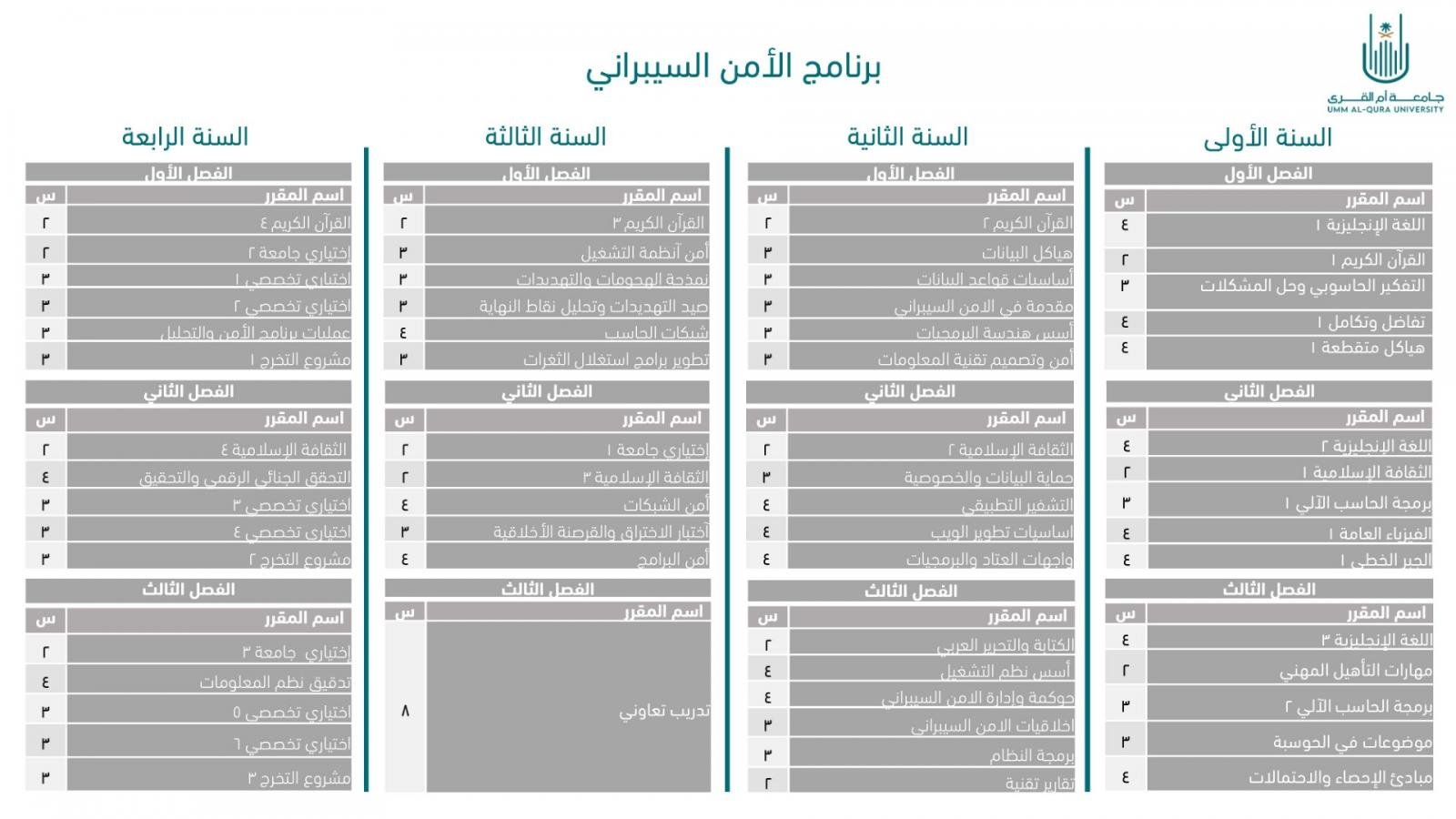 الخطة الدراسية لبرنامج الامن السيبراني